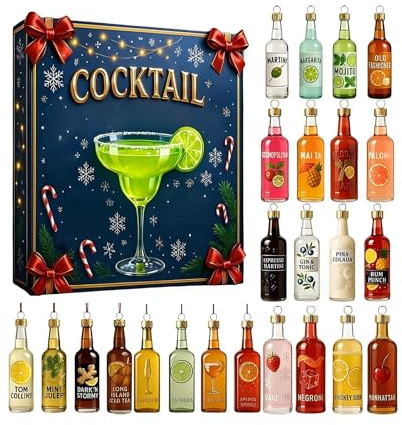 Cocktail Adventskalender 2025, 24 Tage Cocktail Ornamente Weihnachts Countdown Kalender, Alkohol Wein Anhänger Adventskalender, Mini Cocktails Anhänger Weihnachten Dekorationen Countdown Kalender