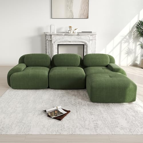 A ALFRESCOOL Modulares 3 Sitzer Sofa aus Cordstoff, Ecksofa, Boneless Couch mit 1 Ottomane, Compressed Sofa, Ohne Montage & Rutschfester Unterseite, frei Kombinierbar, 298×178×75cm (Grün)
