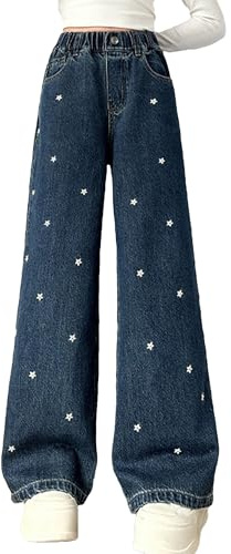 SEAUR Jeans holgados de pierna ancha para niñas con cintura elástica estampada Y2K, pantalones de mezclilla vintage para niños, holgados, pantalones casuales, azul vintage, 11-12 años