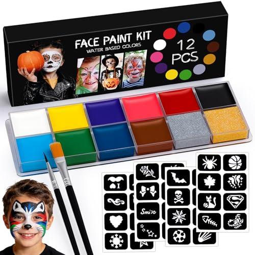 Face Paint Halloween Makeup Kit 12 Color White Black Face Painting | for Adults with 2 Brushes 32 Stencils, Professional Facepaints Set, Safe Washable Makeup for Christmas Cosplay Carnival Games