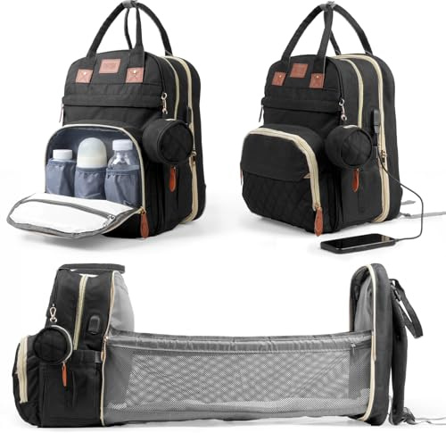 Wickeltasche Rucksack，Wickelrucksack Groß，Multifunktional Diaper Bag mit Mobiler Wickelauflage，Wasserdicht & Leicht，Faltbar Kinderbett，Kinderwagengurte,Babytasche。Baby Wickelrucksack Für Unterweg