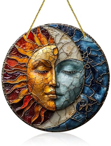 Sonnenfänger Fenster Hängend, Sonne Mond Design, Buntes Acryl Fensterbild, 40cm Metallkette für Innen- und Außenbereich, Sonnenfänger Fenster, Deko für Wohnzimmer Balkon Garten Ramadan