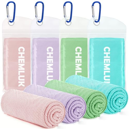 CHEMLUK Cooling Towels 4 Packs: Instant Cool Towel for Hot Weather Neck and Face UV Protection Quick Dry Microfibre Sweat Towels for Gym Yoga Running Camping Workout Sports Travel