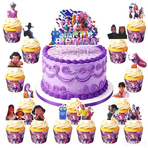 SupaWeiss 31PCS K-pops Cake Toppers,Cake Decorations with 30pcs Cupcake Toppers,1pcs Cake Topper,Birthday Cake Toppers,Birthday Party Supplies Decorations