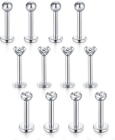 vcmart 12stk Lippenpiercing Labret Stecker Set Silber Chirurgenstahl mit Kugel Schmuckstein Tragus Monroe Piercing