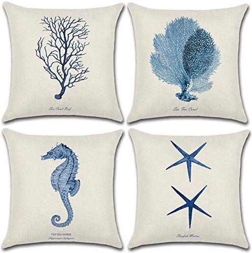 Soleebee 4er-Set Polyester Leinen Kissenbezug Auto Kissenbezüge Kissenhülle Dekorativ Set Kissen Fall für Sofa Schlafzimmer, 45 x 45 cm (Seestern/Koralle)