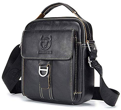 Herren Kleine Umhängetasche Echtleder Tasche Retro Leichte Crossbody Alltag Satchel Bag für Business Casual Sport Wandern Reisen Schwarz