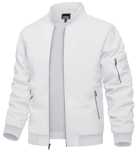 TACVASEN Bomber Jacket Men White Jacket Zip Up Jackets Fall Bomber Jackets Light Windbreaker Coats Casual Stylish Flight Coats with Inner Pockets