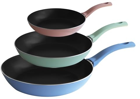 PINTINOX Prima Collection Set 3 Padelle in Alluminio Portofino, antiaderente a 5 strati, manico anti-scottatura, 20, 24, 28 CM, Set multicolor, adatte a ogni fuoco tranne induzione