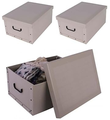 Kreher 3 Stück XL 45 Liter Deko-Kartons, Ordnungsboxen, Stapelboxen mit Deckel und Griffe, 51 x 37 x 24 cm (Klassisch Weiß)