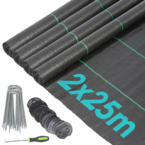 Harbour Housewares Schwarz 2m x 100m 110gsm Unkrautbekämpfungsmembran Set mit Heringen und Platten - Schwerlast Garten Stoff Gras Bodendecker Blatt Rollen