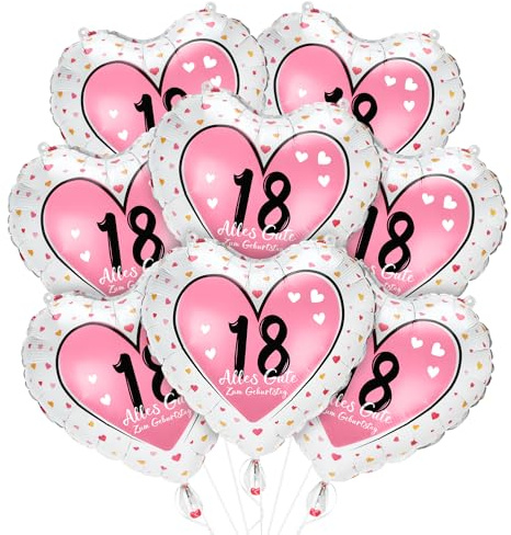 Luftballons 18 Geburtstag Mädchen, 8 Stück Folienballon Deko mit 18 Alles Gute zum Geburtstag, Rosa Ballons in Herzform als Geburtstagsdeko 18 Jahre Mädchen