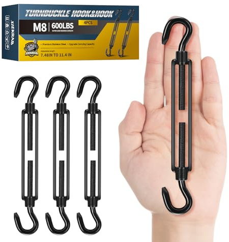 4Pcs M8 304 Stainless Steel Hook & Turnbuckle Hook, 600lbs Capacity Heavy Duty Black Turnbuckles for Wire Rope Tension, Sun Shade Tent Hardware, Shade Sail Installation.