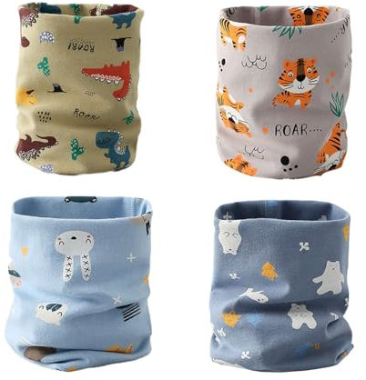 JDCMEI Kinder-Schal, Unisex Loop-Schal, Baumwolle, Cartoon-Muster, 4er-Pack, Grne, Hellblaue, Graue, Blaue Farben, Nackenwrmer, Multifunktional, Ideal als Geschenk