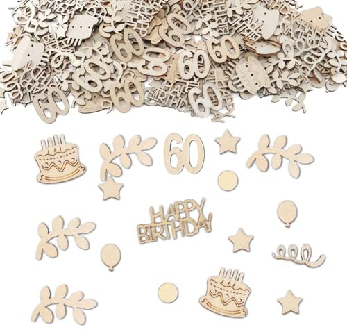 Lafo Lot de 130 confettis 60e anniversaire décoration en bois, décorations d'anniversaire 60e anniversaire hommes femmes scatter décoration bois en 8 motifs, confettis d'anniversaire 60e anniversaire,