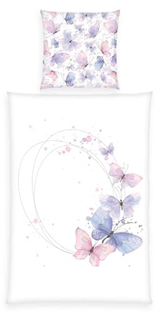 Home Edition Butterfly Satin Bed Linen, Pillowcase Approx. 80 x 80 cm, Duvet Cover Approx. 155 x 220 cm, with Zip and Reversible Motif, 100% Cotton, Satin