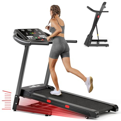 THERUN Incline Treadmill, 0-12% Auto Incline Treadmill for Running and Walking, 300 lbs Weight Capacity, Wide Belt,3.0HP,18 LED Screen, 2 Layers Shock-Absorbing Red