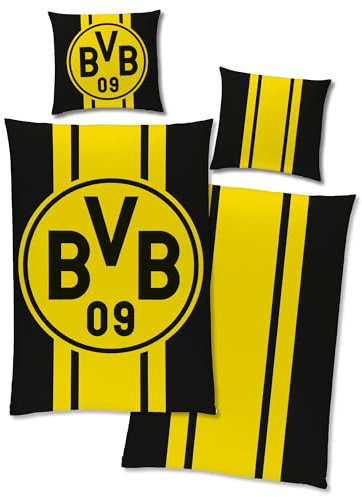 Borussia Dortmund Biancheria da letto double-face BVB 09 – 135 x 200 cm + 80 x 80 cm – 100% cotone renforcé linon – Biancheria da letto con logo – vero amore – Heja – chiusura lampo taglia tedesca