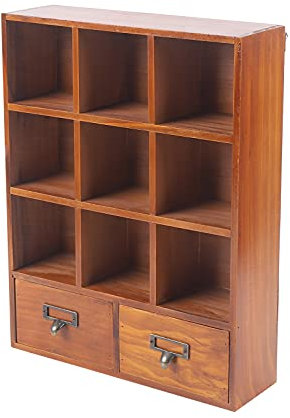 ZealEco Vitrine aus Holz, 9 Fächer und 2 Schubladen, Vintage-Braun-Finish, zur Wandmontage oder freistehend, für Sammlerstücke und kleine Objekte