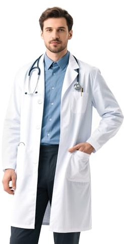 ELEPRUC Blouse de Laboratoire Blanche Unisexe, Blouse Medicale Travail Blanche Chimie, Manches Longues de Laboratoire Vêtements de Travail pour Scientifique Cosplay