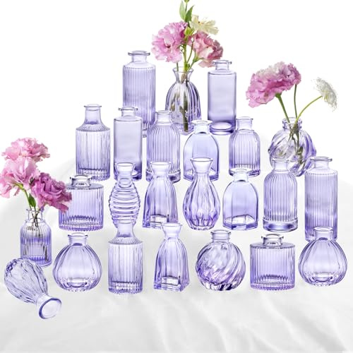 Glasvasen, 61 cm, kleine Violette Vase, Glasvasen für Blumen, Moderne, gerippte, farbige Knospenvase für Dekoration, Hochzeit, Blumenvase in Großpackung, Vintage-Dekor, Brautparty, Tafelaufsatz