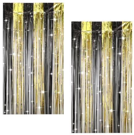 2 Stück Lametta Vorhang Schwarz 1 M X 2 M, Luftschlangen Gold Party Deko | Geburtstagsdeko Mann für Casino, Stilvolle Neujahr Glitzer Hintergrund, Hochzeit Dekorationen, Tinsel Folie für Männer Frauen