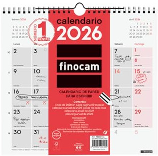 Finocam - Calendario de pared 2026 Mes Vista Enero - Diciembre (12 meses) | Calendario 2026 para anotar | Planificador mensual Neutro - Español