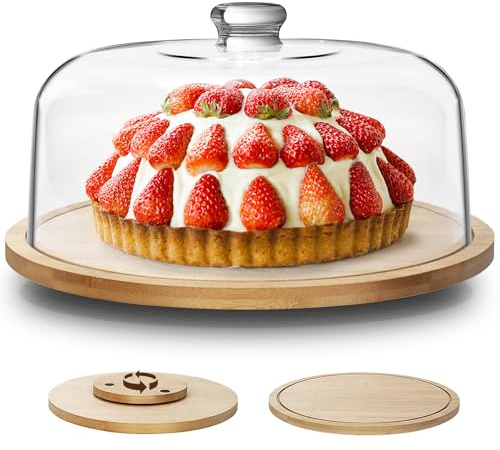 Eukue Présentoir à gâteau avec couvercle, plateau à gâteau en bois avec couvercle et pied, plateau à gâteau rotatif, cloche à gâteau pour décoration de gâteau