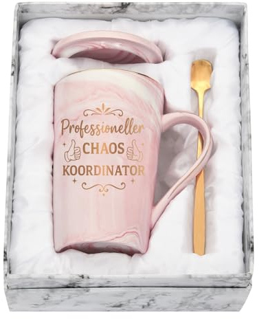 Diztoud Lustige Chefin Kaffeetasse, Chefin Geschenke, Professioneller Chaos Koordinator, Weihnachtsgeschenke für Frauen, Kollegin, Kollegen, 400ML Keramik Marmorbecher mit Deckel, Löffel, Geschenkbox