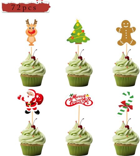BOOSHMall 72 Pezzi Decorazione per Torte Natalizie, Cupcake Toppers, Stuzzicadenti Decorativi per Dolci, Cibo, Piatti e Addobbi