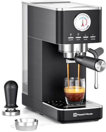 Maestri House Espresso Machine, 20 Bar ULKA Pump, Compact Espresso Maker Built-in Flow Meter Steam Milk Frother, Stainless Steel Coffee Machine for Cappuccino, Latte (Black)