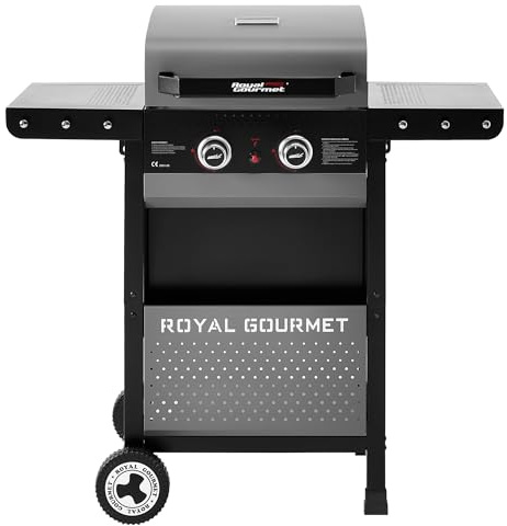 Royal Gourmet 2 Brûleurs Barbecue Gaz sur Chariot, Gril à Gaz de Puissance 5 KW avec Tables d’appoint Pliantes et Panier de Rangement, Adapté pour Jardin et Extérieur, Noir