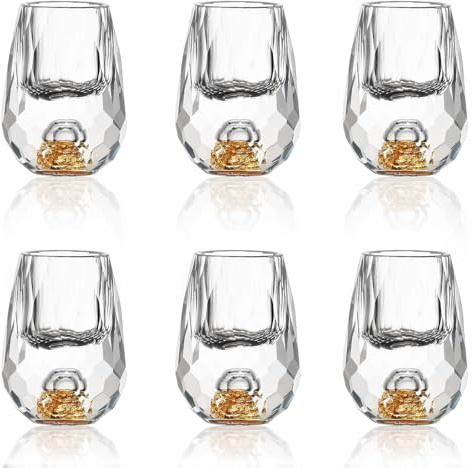 6 Stück Diamant-Schnapsgläser, 15ml kristallgläser, Verziert mit 24K Blattgold Flocken, Shotgläser mit Schwerem Boden für Wodka, Tequila, Whiskey, Ideal zur Dekoration, Sammeln oder als Geschenk