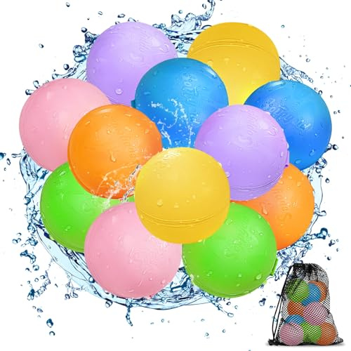 Globos de Agua Reutilizables, 12 Piezas Bolas de Agua Recargables Autosellante de Llenado Rápido para Niños y Adultos, Juguetes de Verano Aptos para Exteriores, Piscina, Playa y Fiestas Acuáticas