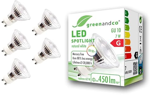 5x greenandco® CRI 90+ 4000K 36° LED-spot ersätter 62W GU10 halogenstrålkastare, 7W 450lm neutralvit 230V AC, flimmerfri, inte dimbar