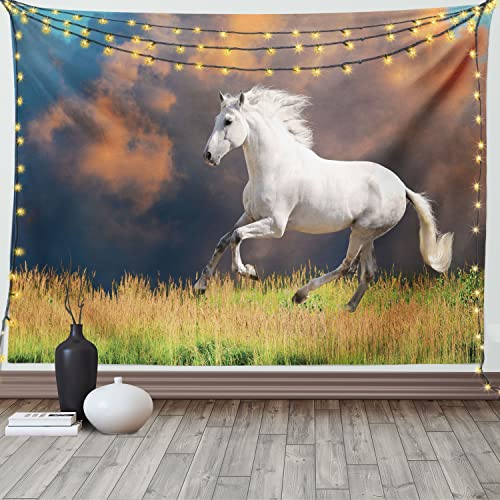 ABAKUHAUS Pferde Wandteppich und Tagesdecke, Andalusian Horse Dusk, aus Weiches Mikrofaser Stoff Wand Dekoration Für Schlafzimmer, 150 x 110 cm, Weiß Orange Grün