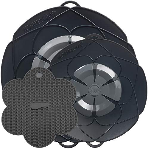 Kochblume Profi-Set für Töpfe von 14 bis 28 cm mit Bionic Multipad als Set in der bunten Box | Silikon Überkochschutz und Untersetzer/Topflappen (anthrazit)