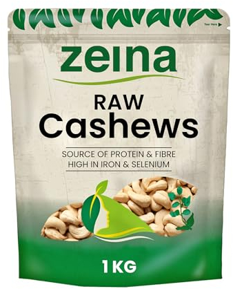 Zeina Cashew Nuts (Raw) with High Vitamin B6 and Iron (1Kg) - Natural Fibre and Protein. A Fresh Healthy Snack with Resealable Bag - Peanut and Sesame Free
