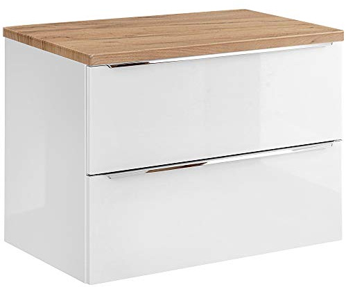 Lomadox Waschtisch Unterschrank Set 81cm, Hochglanz weiß mit Wotaneiche, MDF-Fronten und Korpus, 2 Softclose-Auszüge, B/H/T ca. 81/59,5/46 cm