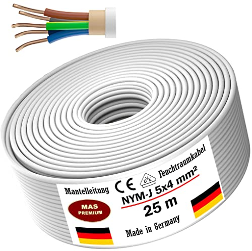 MAS Câble d'alimentation NYM-J de qualité supérieure pour pièces humides, de 5 à 70 m, câble gainé NYM-J 5 x 4 mm², anneau pour pose fixe (25 m)