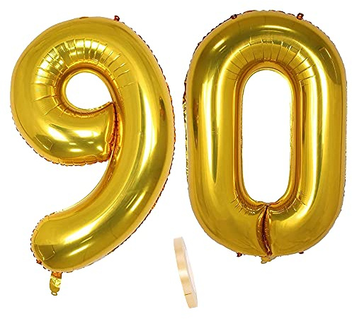 2 globos numeros 90 años, Number globo número 90 Dorado para Hombres Mujeres niños,40 Figuras Gold globo de lámina de helio inflable, gigante grande decoración fiesta de cumpleaños boda (xxxl 100cm)