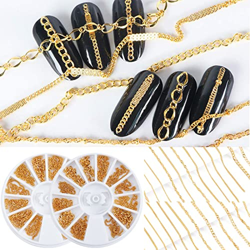 NICENEEDED 24 Bandes Chaînes Métalliques Nail Art, Chaînes D'Accessoires pour Ongles Dorés 3D, Nail Punk Glitter Studs Motif de Ligne Chaînes en Alliage de Forme Mixte Charmes pour Ongles