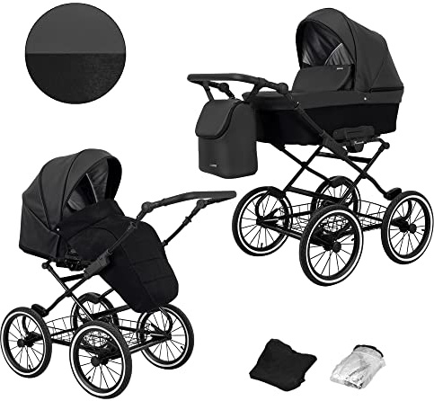KUNERT Kinderwagen ROMANTIC retro Sportwagen Babywagen Autositz Babyschale Komplettset Kinder Wagen Set 2 in 1 und 3 in 1 (schwarz eco- schwarz rahmen, 2in1)