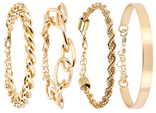 Yolev Gold Chain Bracelet Sets for Women Girls Fashion Beaded Chunky Flat Cable Chain Punk Bracelets Jewelry Adjustable Layered Metal Link Bracelet Set (gold)