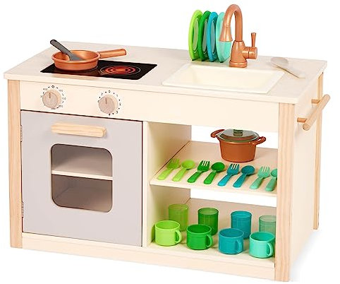 Battat – Two n' One Cookin' Fun – Spielküche & Markt – Kleinkindgerechte Größe – Kreidetafel-Menü & Backofen-Skalen – 25 Spielzeug-Kochzubehör – 2 Jahre +