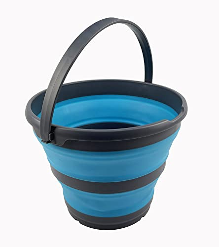 SAMMART 10L zusammenklappbarer Kunststoffeimer – Faltbare runde Wanne – tragbarer Angelwassereimer – platzsparender Outdoor-Wassertopf, Größe 33 cm Durchmesser (Grau/Meerblau)