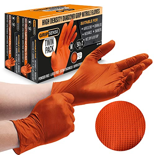 GripSense Nitrile Gloves (2 Packs of 50) - High Density Diamond Grip Orange Gloves - Latex & Powder Free Orange Nitrile Gloves Medium - Mechanic Gloves Extra Thick & Super Strong - Max Dexterity L5