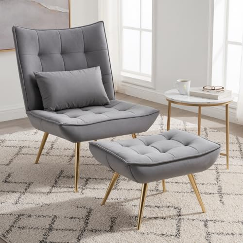 chairus Loungesessel Wohnzimmer Samt Relaxsessel mit Hocker Polsteressel für Schlafzimmer Einzelsessel mit Metallbeine (Grau)