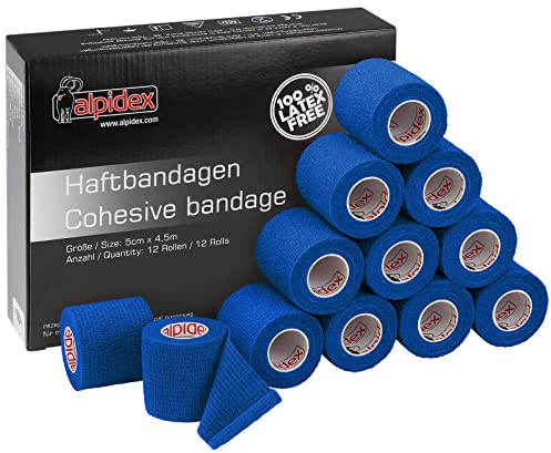 ALPIDEX 12 Rollen Haftbandage 5 cm x 4.5 m Selbstklebender Verband Pet Bandagen Fixierband Sport Vet Wrap Tape Selbsthaftend, Farbe:blau