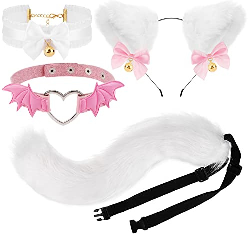 XEPST Katze Cosplay Kostüm Set, Schwanz und Ohren Set Faux Furry Fox Wolf Tail Kit mit Langer Fuchsschwanz und Ohren und Glockenkragen für Karneval Party Dekoration Kostüm Dressing Parteien